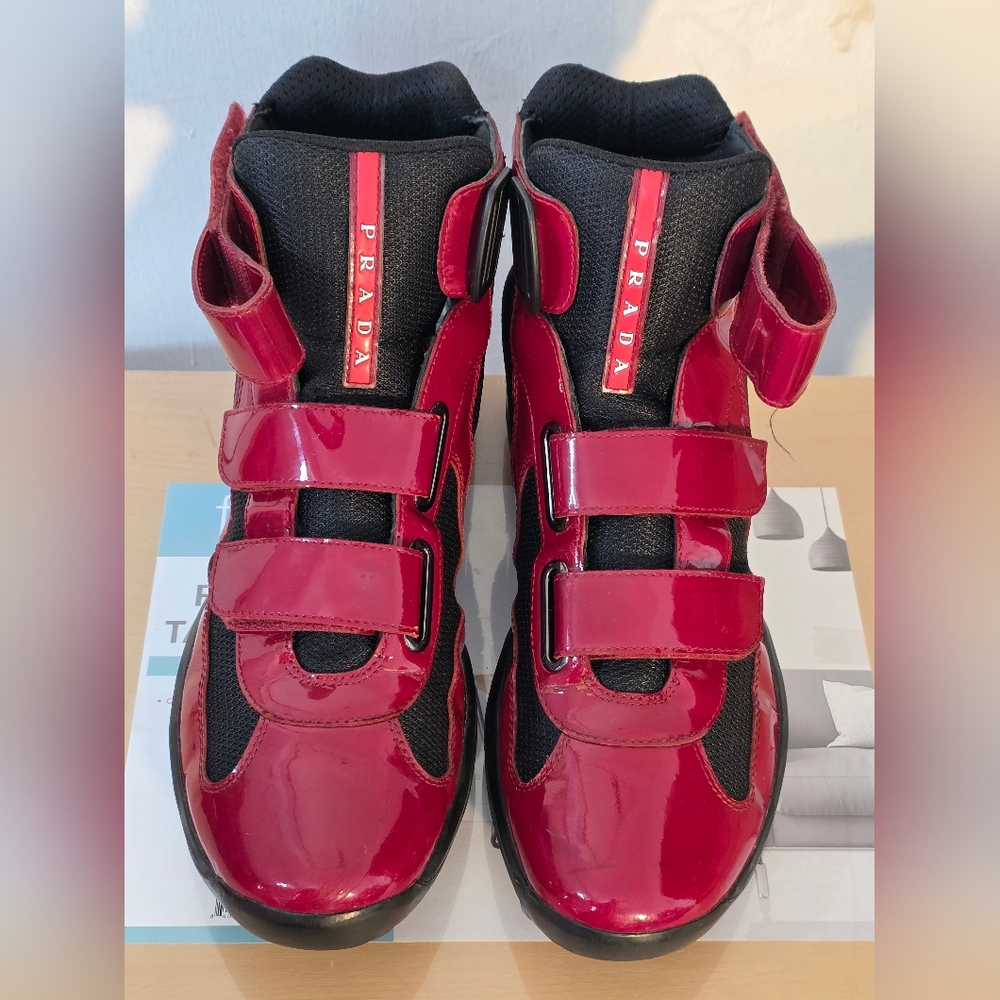 Prada Red and Black High-Top Sneakers with Velcro Straps